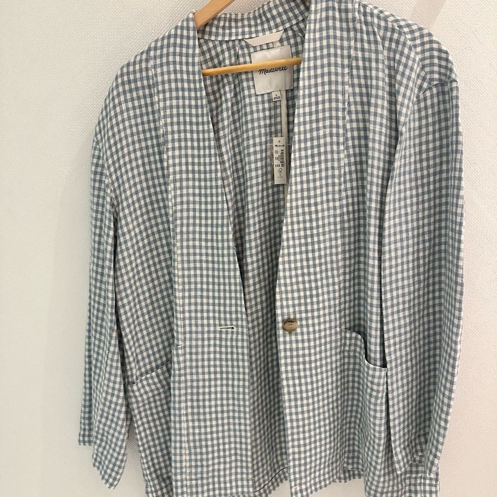 Madewell Light Blue and White Gingham Blazer